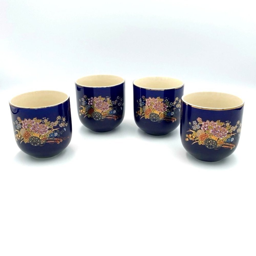 Vintage Kutani Sake Cup Set of‎ 4 Cobalt Blue Gilded Floral Cart Basket Japan